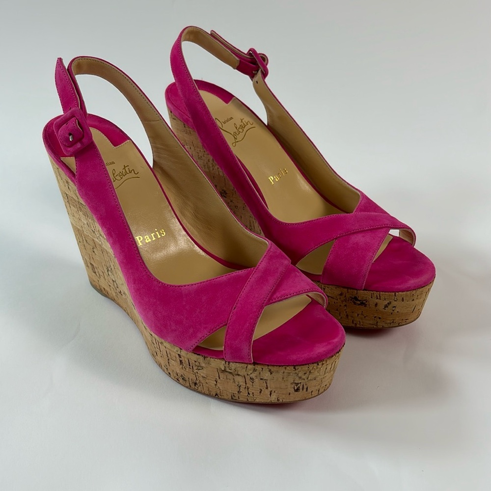 Christian Louboutin Pink Suede Cork Wedge Sandals - Picture 2 of 8